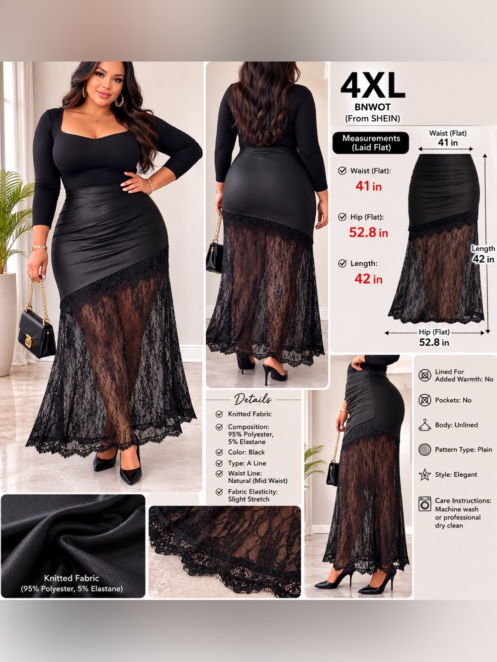 BNWOT  Black Contrast Lace Maxi Skirt Size 4XL | Elegant Sheer A-Line